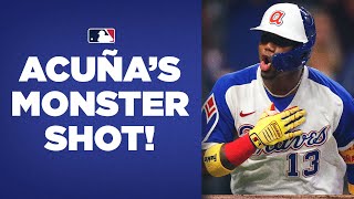 Watch it fly Braves Ronald Acuña Jr destroys home run celebrates accordingly 454 feet [upl. by Arahahs]