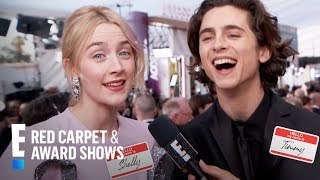 Saoirse Ronan amp Timothee Chalamet Talk Names Being Butchered  E Red Carpet amp Award Shows [upl. by Keeley]