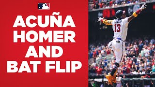 Ronald Acuña Jr homers and celebrates with EPIC bat flip [upl. by Eelannej]