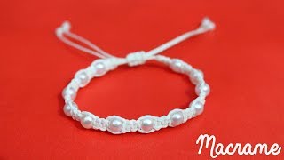 Como hacer una Pulsera de hilo simple con perlas✧ NUDO PLANO Macrame [upl. by Irahc]