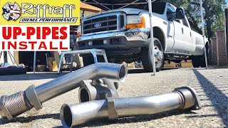 2001 F350 73  RiffRaff UpPipes Install  Stock up pipes leaking and falling apart JUNK SP [upl. by Clava]