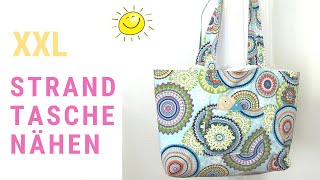 Strandtasche XXL nähen ohne Schnittmuster mit aufgesetzten Taschen  einfache Nähanleitung [upl. by Abbott]